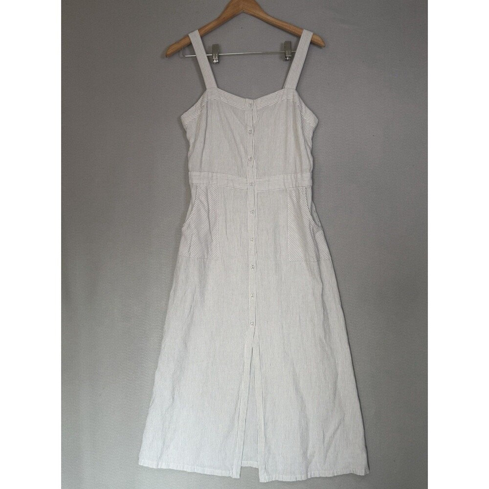 Crescent Linen Stripe Midi Dress Women's L Button Front Tank Pocket Sundress